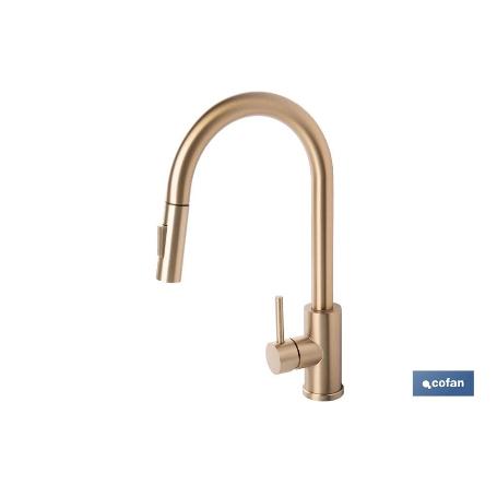 GRIFO DE COCINA CEPILLADO DORADO DE ACERO CON MANGUERA EXTENSIBLE Y 2 FUNCIONES 400 X 220 X 54 MM