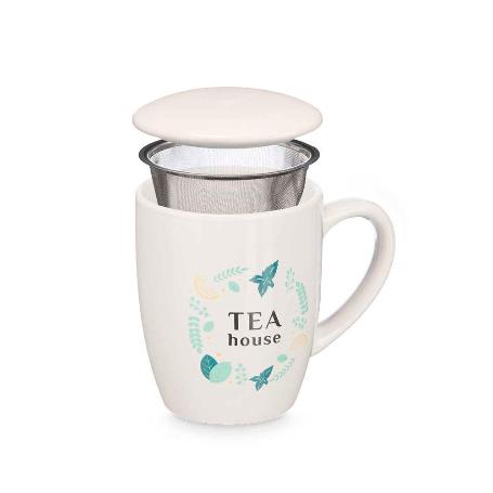 TAZA MUG PORCELANA + FILTRO + TAPA TEA 340 ML