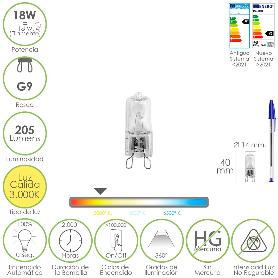 BOMBILLA HALOGENA G-9. 18 W. 205 LUMENES. LUZ CÁLIDA (3.000º K)