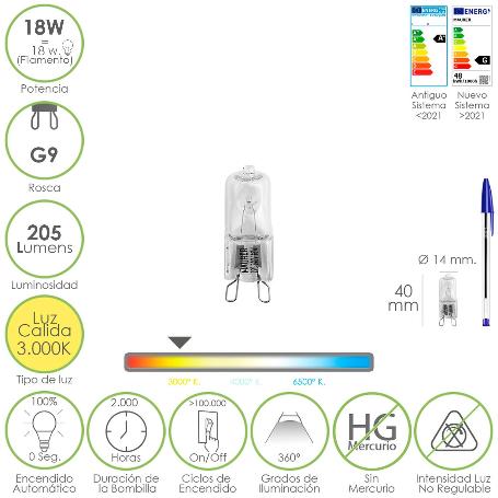 BOMBILLA HALOGENA G-9. 18 W. 205 LUMENES. LUZ CÁLIDA (3.000º K)