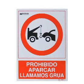 CARTEL PROHIBIDO APARCAR LLAMAMOS GRUA 30X21 CM.