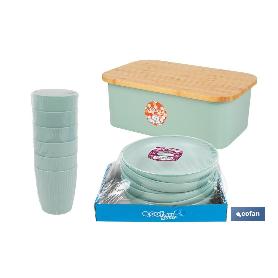 PACK DE PANERA CON TAPA BAMBU ,6  VASOS DE AGUA VERDE Y 6 PLATOS VERDE