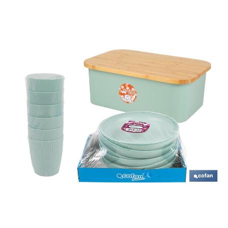 PACK DE PANERA CON TAPA BAMBU ,6  VASOS DE AGUA VERDE Y 6 PLATOS VERDE