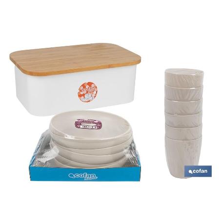 PACK DE PANERA CON TAPA BAMBU ,6  VASOS DE AGUA BEIGE Y 6 PLATOS BEIGE