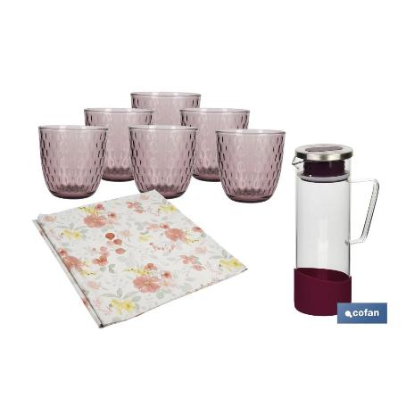 PACK DE JARRA MORADA,SET DE VASOS DE AGUA Y MANTEL 1.40 X 1.40 CM