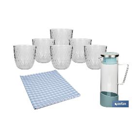 PACK DE JARRA AZUL,SET DE VASOS DE AGUA Y MANTEL 1.40 X 1.40 CM