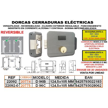 DORCAS CERRADURA ELECTRICA REVERSIBLE D96-C CILINDRO 22092