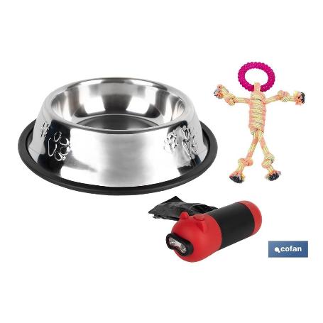 PACK DE DISPENSADOR DE BOLSAS MASCOTA, COMEDERO BEBEDERO Y JUGUETE MORDEDOR PERROS