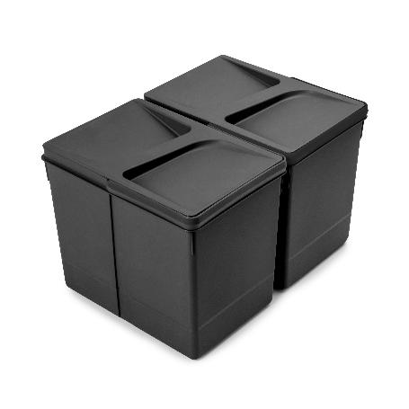 EMUCA KIT DE CONTENEDORES DE RECICLAJE PARA CAJÓN DE COCINA RECYCLE ALTURA 266MM, 2X15LITROS, PLÁSTICO, NEGRO