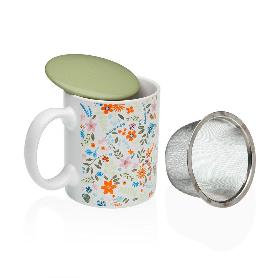 TAZA MUG PORCELANA + TAPA + FILTRO FLOWERS