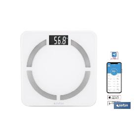 BÁSCULA DE BAÑO DIGITAL BLANCA CON PANTALLA LCD, USB Y MEDICIÓN IMC DE GRASA VISCERAL 30 X 30 X 2,2 CM