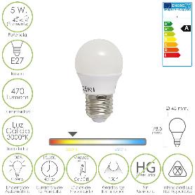 BOMBILLA LED ESFERICA E27 5 W. - 40 W. 470 LÚMENES. LUZ CÁLIDA (3.000 °K).