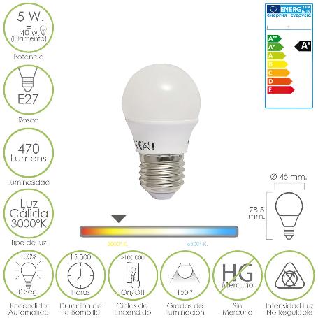 BOMBILLA LED ESFERICA E27 5 W. - 40 W. 470 LÚMENES. LUZ CÁLIDA (3.000 °K).