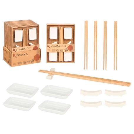 SUSHI PLATOS PORCELANA + BAMBU 12 PIEZAS