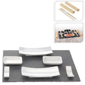 SUSHI PIZARRA + PORCELANA + BAMBU 11 PIEZAS