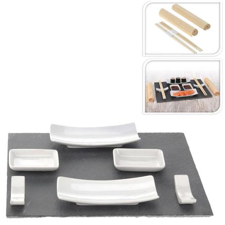 SUSHI PIZARRA + PORCELANA + BAMBU 11 PIEZAS