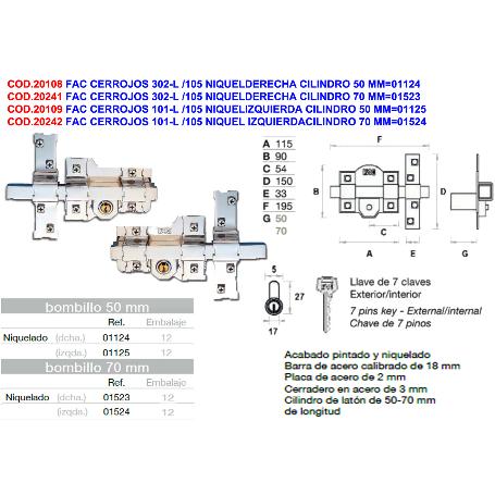 CERROJO FAC B70 302-L 115I NI IZQD. 01524 FAC