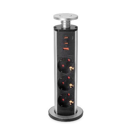 EMUCA MULTICONECTOR EXTRAÍBLE VERTIKAL, 3 ENCHUFES TIPO SCHUKO, 1 USB TIPO A, 2 USB TIPO C, PLÁSTICO Y ALUMINIO, GR