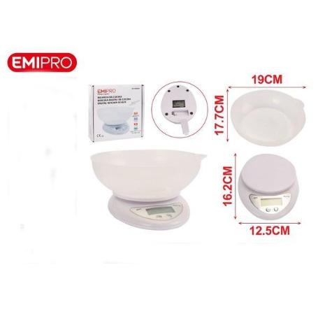 BASCULA DIGITAL DE COCINA CON BOL BLANCO 5 KGS - 1 GR 17,7X19 CMS EMIPRO