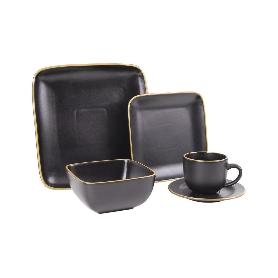 VAJILLA DE CERÁMICA DE COLOR NEGRO ESMALTADO DE FORMA CUADRADA CON BORDE VINTAGE 20 PIEZAS