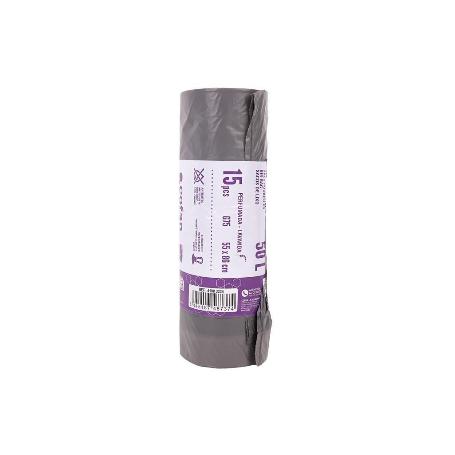 BOLSAS DE BASURA PERFUMADAS A LAVANDA CON AUTOCIERRE 55 X 86 CM G. 75 COLOR GRIS 15 UDS. 50 L