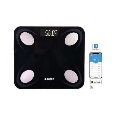 BÁSCULA DE BAÑO DIGITAL NEGRA CON PANTALLA LCD, USB Y MEDICIÓN IMC DE GRASA VISCERAL 30 X 26,5 X 2,2 CM