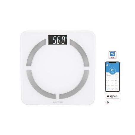 BÁSCULA DE BAÑO DIGITAL BLANCA CON PANTALLA LCD, USB Y MEDICIÓN IMC DE GRASA VISCERAL 30 X 30 X 2,2 CM