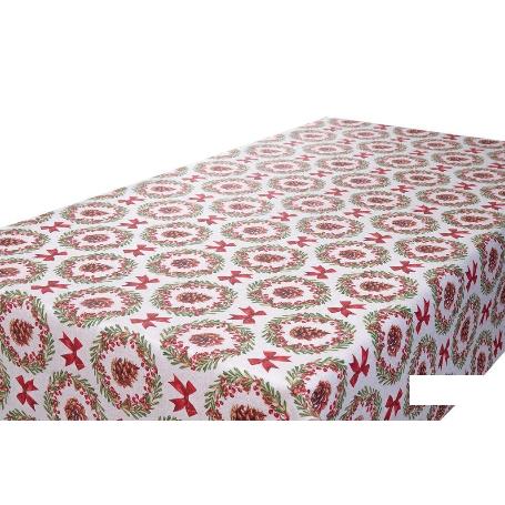 ROLLO DE MANTEL RESINADO ANTIMANCHAS LAZOS Y PIÑAS 75% ALGODÓN 25% POLIÉSTER 1,40 X 15 M