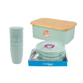 PACK DE PANERA CON TAPA BAMBU ,6  VASOS DE AGUA VERDE Y 6 PLATOS VERDE