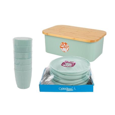 PACK DE PANERA CON TAPA BAMBU ,6  VASOS DE AGUA VERDE Y 6 PLATOS VERDE