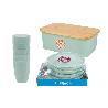 PACK DE PANERA CON TAPA BAMBU ,6  VASOS DE AGUA VERDE Y 6 PLATOS VERDE