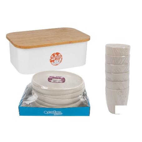 PACK DE PANERA CON TAPA BAMBU ,6  VASOS DE AGUA BEIGE Y 6 PLATOS BEIGE