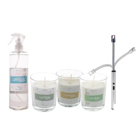 PACK DE 3 VELAS,ENCENDEDOR ELECTRICO,BRUMA TEXTIL