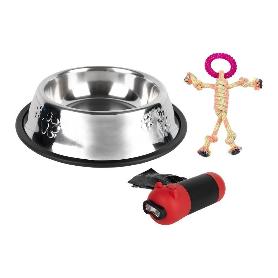 PACK DE DISPENSADOR DE BOLSAS MASCOTA, COMEDERO BEBEDERO Y JUGUETE MORDEDOR PERROS