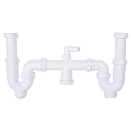 SIFÓN CURVO DOBLE CON SALIDA Ø32-40 MM, RACORES 1 1/2 Y TOMA AUXILIAR