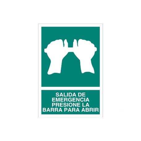 SEÑAL LUMINISCENTE 297X210MM. SALIDA DE EMERGENCIA PRESIONE LA BARRA PARA ABRIR