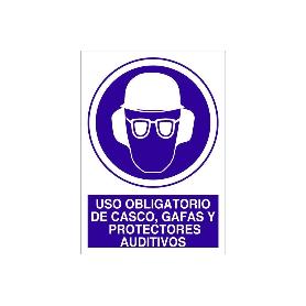 SEÑAL POLIESTIRENO  210X148MM. USO OBLIGATORIO DE CASCO, GAFAS Y PROTECTORES AUDITIVOS