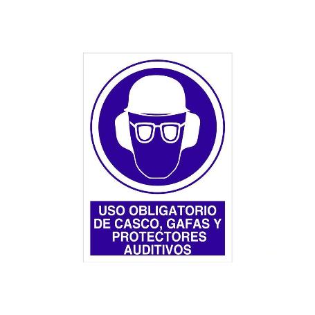 SEÑAL POLIESTIRENO  210X148MM. USO OBLIGATORIO DE CASCO, GAFAS Y PROTECTORES AUDITIVOS