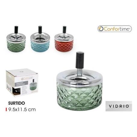 CENICERO VIDRIO VINTAGE CON PULSADOR PUSH 9.5X11.5 CMS CONFORTIME