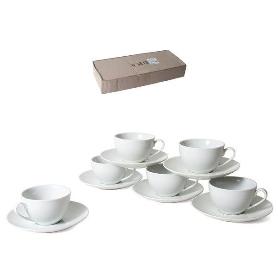ESTUCHE 6 TAZAS DESAYUNO PORCELANA BLANCA VINTAGE CON PLATO 16 CMS MODELO EGAN