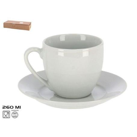 JUEGO 6 TAZAS DESAYUNO 260 ML CON PLATO PORCELANA BLANCA VINTAGE MODELO TELAR
