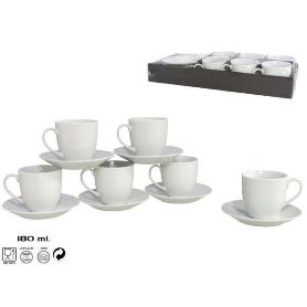 JUEGO 6 TAZAS CAFE CON LECHE CON PLATO 180 ML.  PORCELANA BLANCA VINTAGE  MODELO TARCK