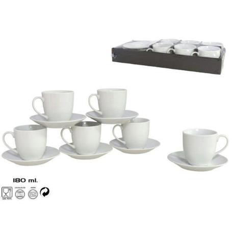 JUEGO 6 TAZAS CAFE CON LECHE CON PLATO 180 ML.  PORCELANA BLANCA VINTAGE  MODELO TARCK