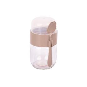 RECIPIENTE DE VIDRIO BEIGE CON TAPA Y CUCHARA 2 COMPARTIMENTOS 425 + 200 ML