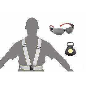 KIT LLAVERO LINTERNA + GAFAS SEGURIDAD + TIRANTE REFLECTANTE