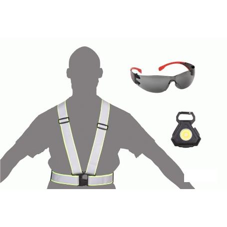 KIT LLAVERO LINTERNA + GAFAS SEGURIDAD + TIRANTE REFLECTANTE
