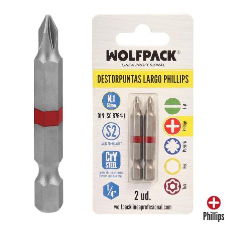 PUNTAS LARGAS DESTORNILLADOR PHILLIPS Nº 1 (2 PIEZAS). ACERO S2 AL CROMO VANADIO. PUNTAS HEXAGONALES, DESTORPUNTAS,