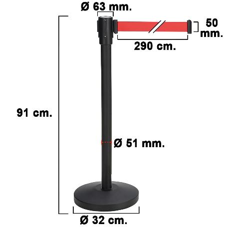 POSTE SEPARADOR CINTA EXTENSIBLE 3 METROS. Ø BASE 32 CM. Ø TUBO 5,1 CM.   ALTURA 91 CM.